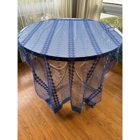 Vintage 70s curtains, groovy navy blue stripes, net woven panels, as a pair - Picture 4 of 10